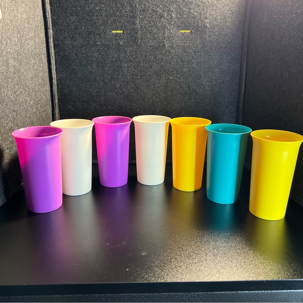 Vintage Tupperware Cups Stackable Lot 7 Purple White Yellow Teal 10 1/2 oz 2874A